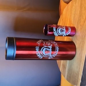 Eskimo Joe travel cup with Lid and Pink shiny shot glass Stillwater Oklahoma